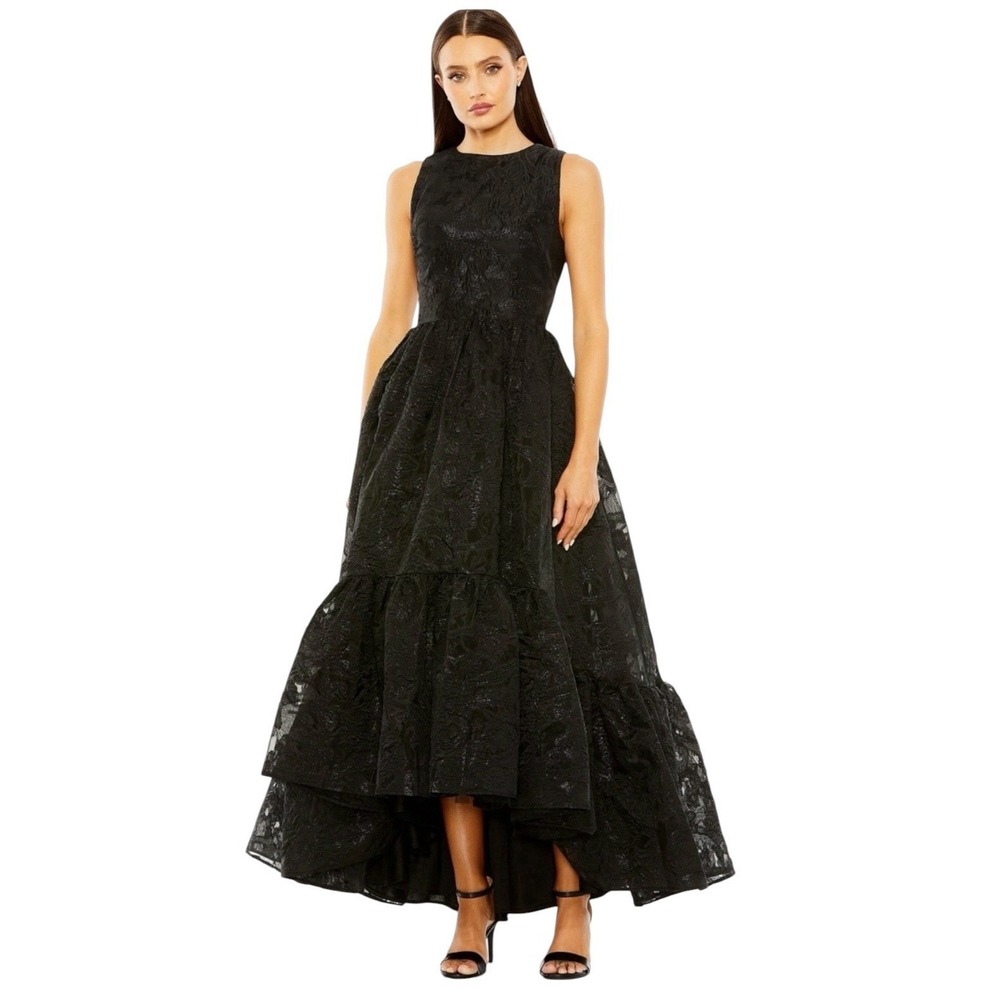 Mac Duggal 20714 Black Floral Jacquard High Low Ruffle Hem Gown Size 12‎ $598